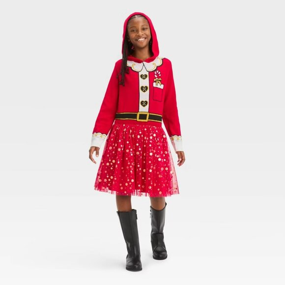 New! Girls' Christmas Santa Sweater Dress - Red - Picture 1 of 12